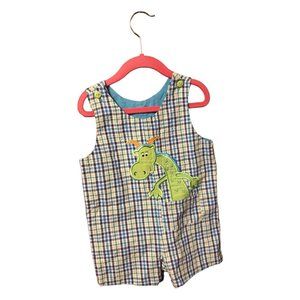 Multi Color Blue Green Dinosaur Theme Overall Plaid Summer Suit Sz 2T